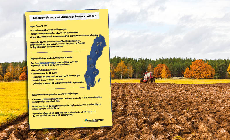 En traktor på en åker med ett informationsblad i förgrunden