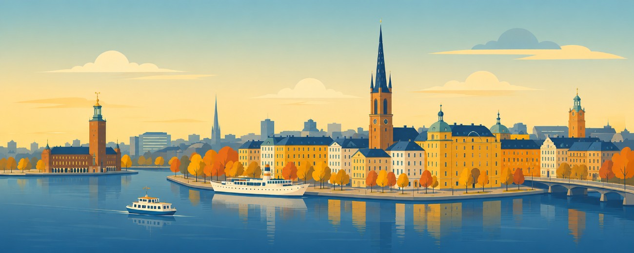 Vy över Riddarholmen och stadshuset i Stockholm.
